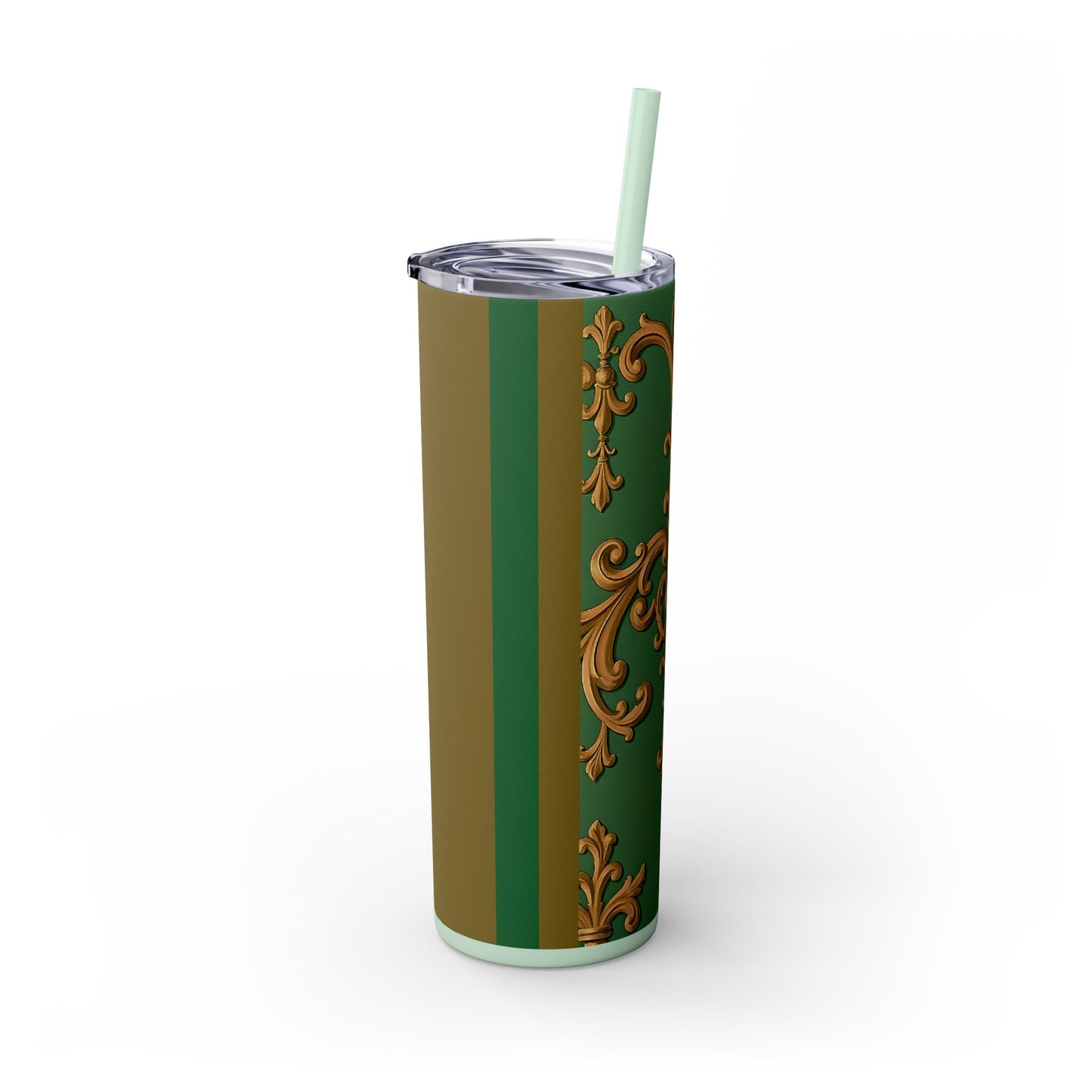 Elegant Green Pattern Skinny Tumbler with Straw, Stylish Drinkware, Gift for Her, Travel Mug, Home Decor, Floral Design - Olive Green Striped Rococo