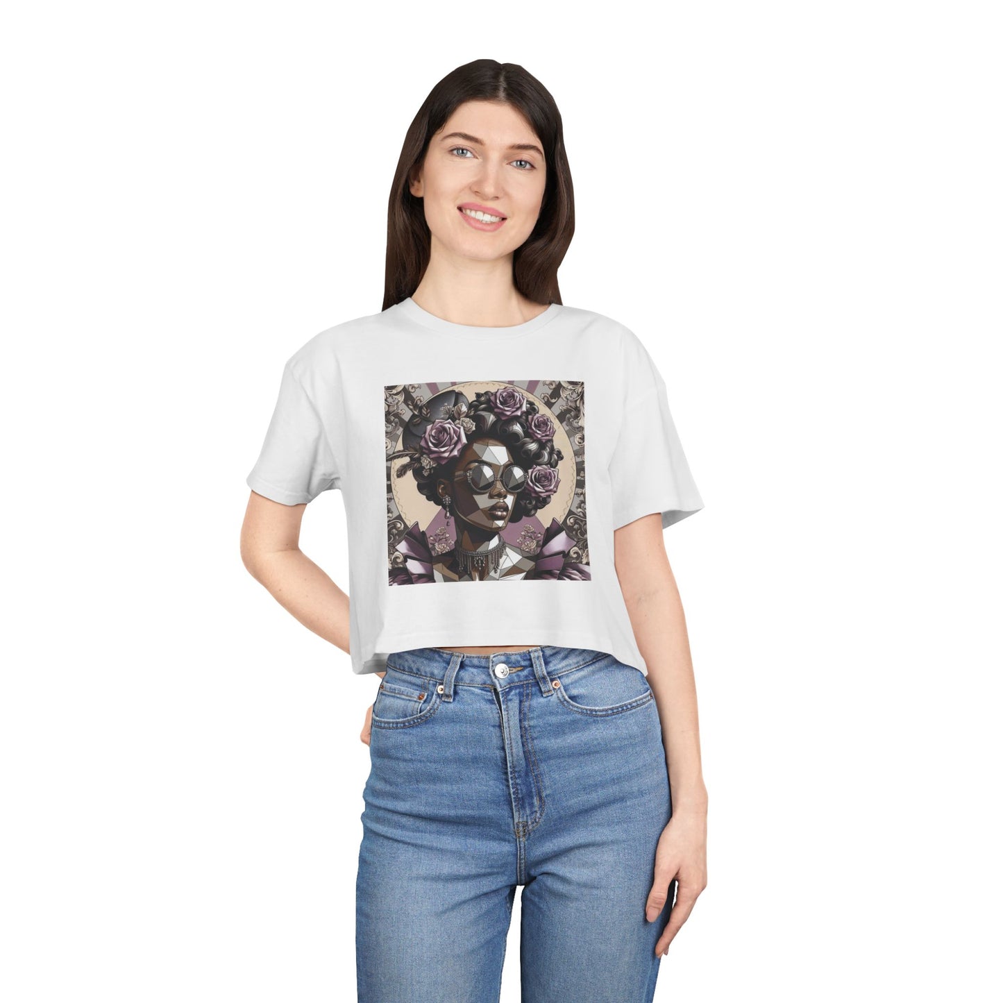 Poly Art Chic Women's Crop Tee - Floral Art Inspired Shirt, Casual Summer Wear, Festival Top, Vintage Style - Lilac Baroque Lady