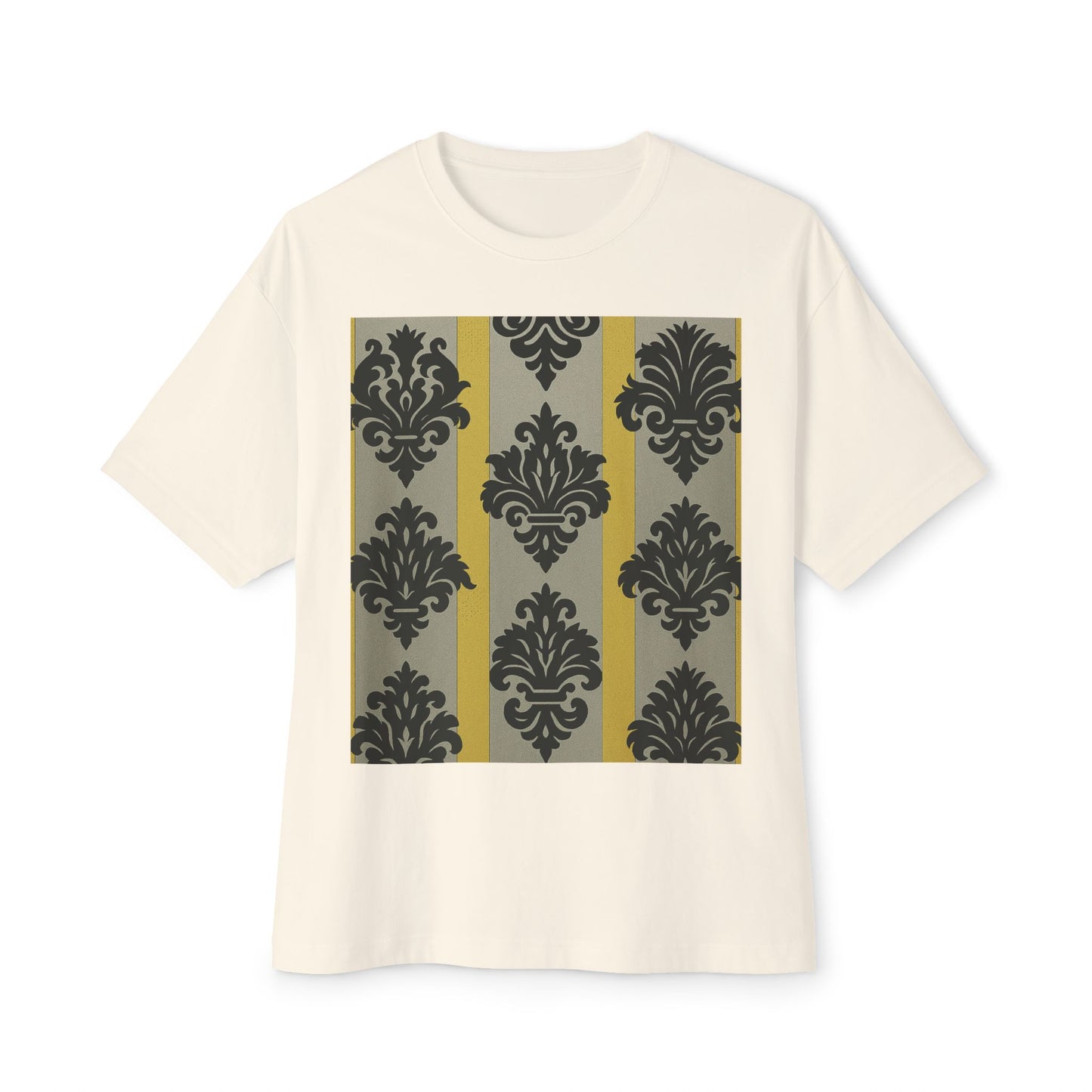 Chic Unisex Oversized Tee, Stylish Casual Wear, Statement Tee, Everyday Comfort, Fashion Gift - Silver & Gold Striped Black Baroque