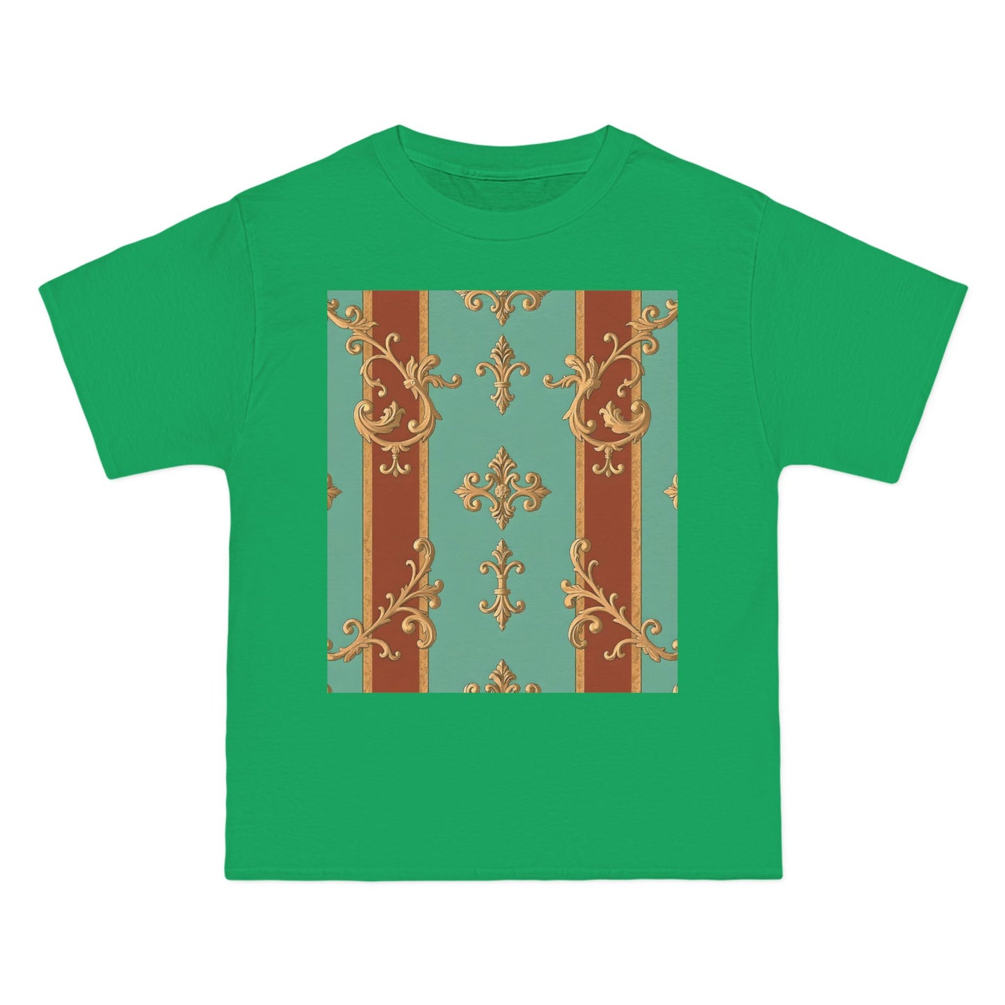 Elegant Vintage Patterned T-Shirt | Vintage Style Tee, Casual Wear, Retro Aesthetic - Rust & Mint Aqua Striped Baroque