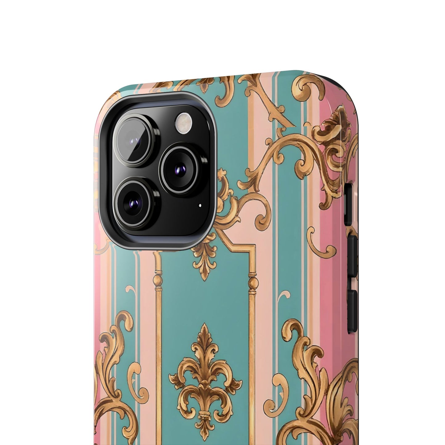 Elegant Floral Tough Phone Case, Artistic Phone Cover, Gift for Her, Chic Phone Accessory - Pink & Matte Turquoise Striped Rococo
