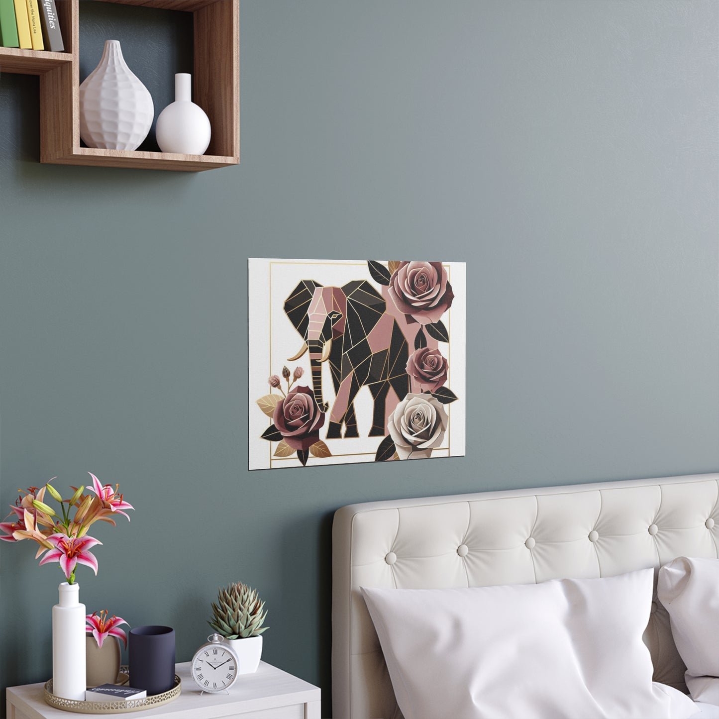 Elegant Floral Silk Poster - Indoor/Outdoor Wall Art for Home Decor - Brown & Mauve Elephant & Roses