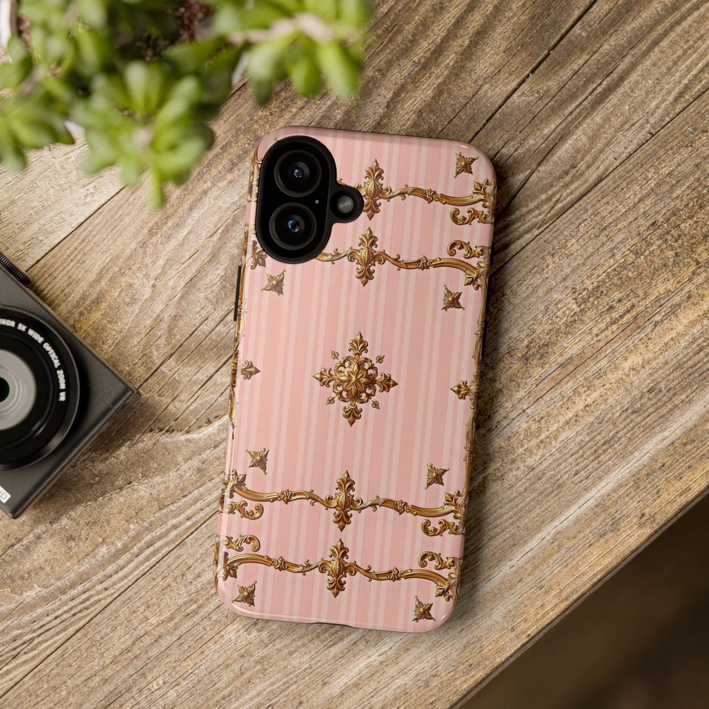 Elegant Floral Phone Case, Tough Cases for Women, Trendy Phone Cover, Chic Gift - Pink Striped Gold Baroque