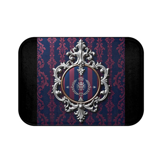 Elegant Vintage Bath Mat, Luxurious Bathroom Decor, Home Spa Accessory, Housewarming Gift, Antique Style - Blue & Plum Striped Silver Crest
