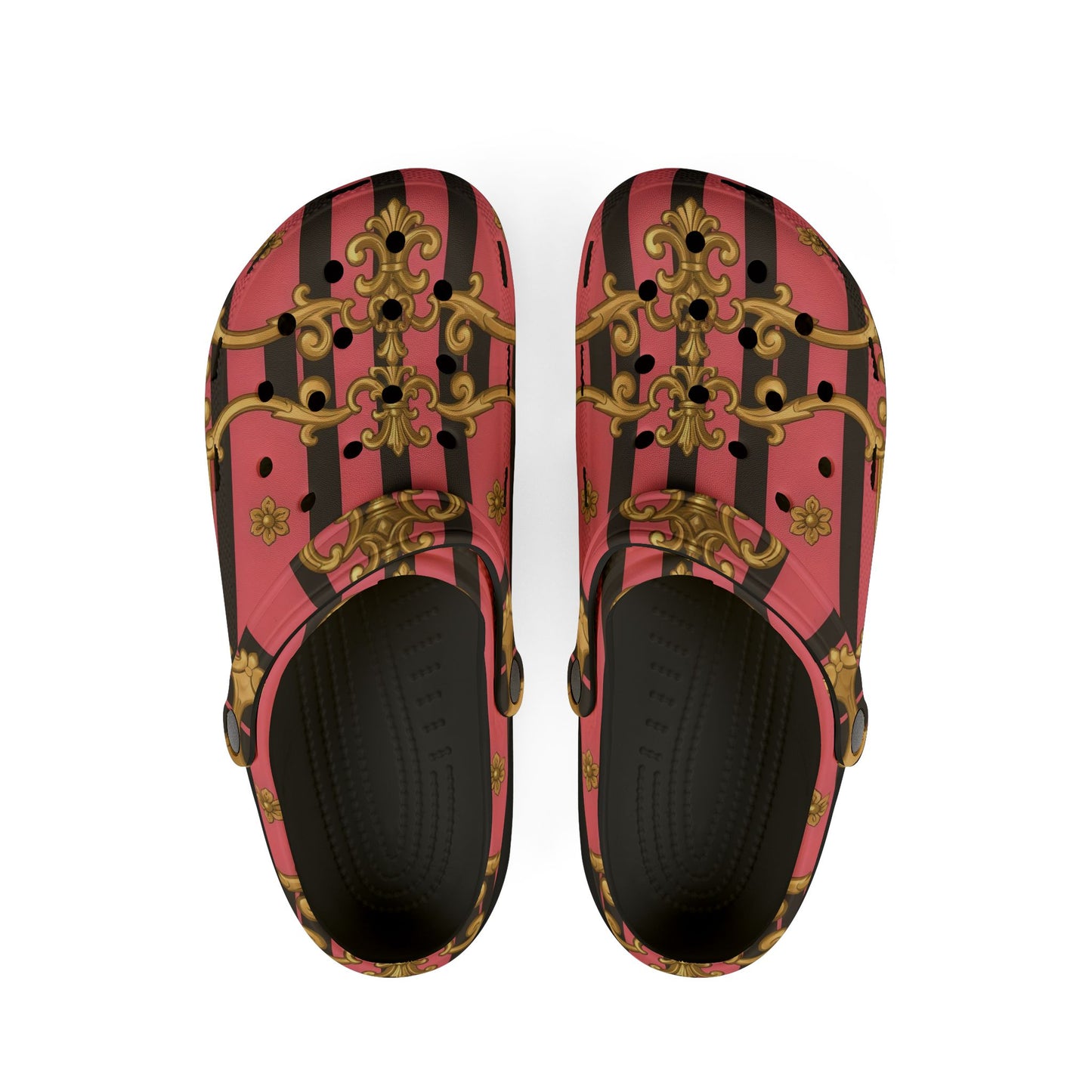 Elegant Designer EVA Foam Shoes - Trendy Comfort for Summer Outings, Fashionable Footwear for Garden - Pink & Black Striped Gold Baroque