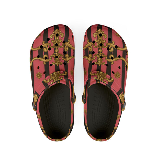 Elegant Designer EVA Foam Shoes - Trendy Comfort for Summer Outings, Fashionable Footwear for Garden - Pink & Black Striped Gold Baroque
