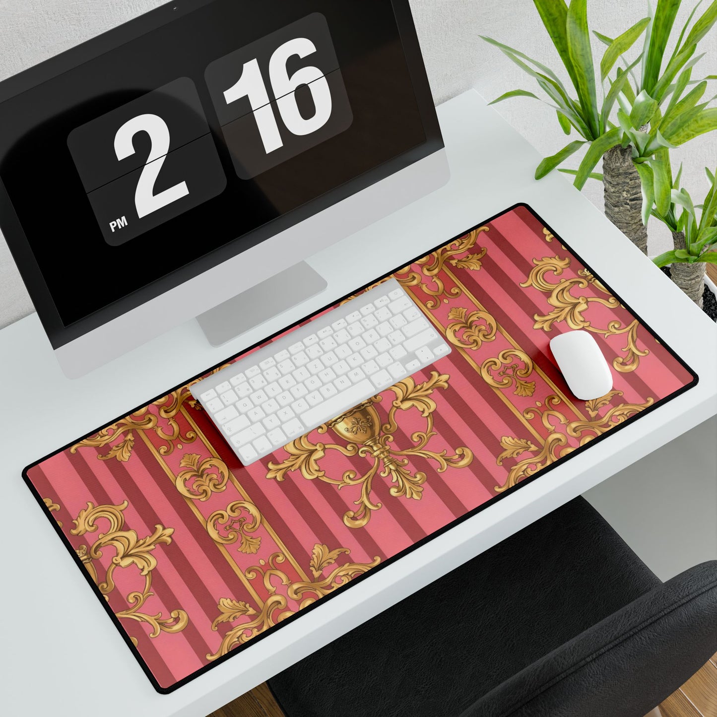 Elegant Desk Mat for Home Office, Stylish Desktop Organizer, Gift for Gamers, Computer Accessories - Pink Striped Gold Baroque