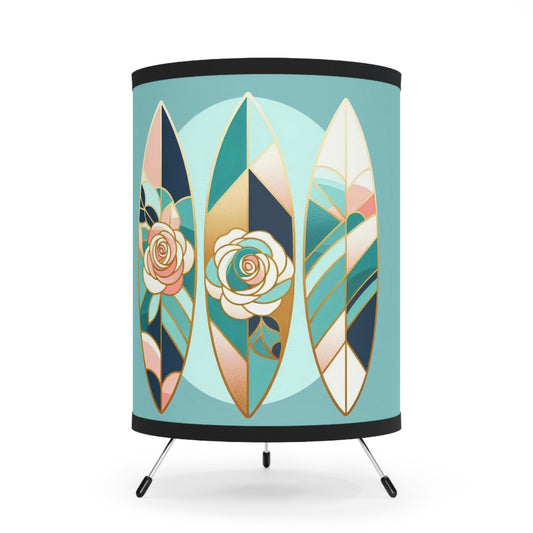 Boho Surf Tripod Lamp with Floral Design - High-Res Printed Shade - Blue, Pink & Aqua Surfboard & Roses Design