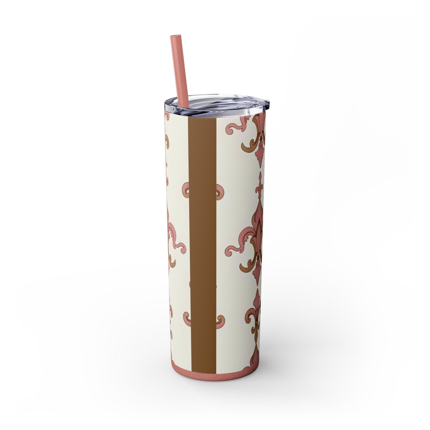 Elegant Floral Skinny Tumbler, 20oz Drinkware, Stylish Travel Mug, Wedding Gift, Personalized Gift, Eco-Friendly Cup - Brown Striped Pink Arabesque
