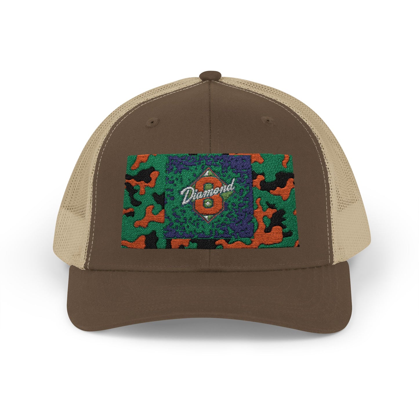Colorful Camouflage Snapback Trucker Cap, Casual Hat, Outdoor Gear, Unisex Headwear, Gift for Him/Her - Green & Orange Camo Diamond 8