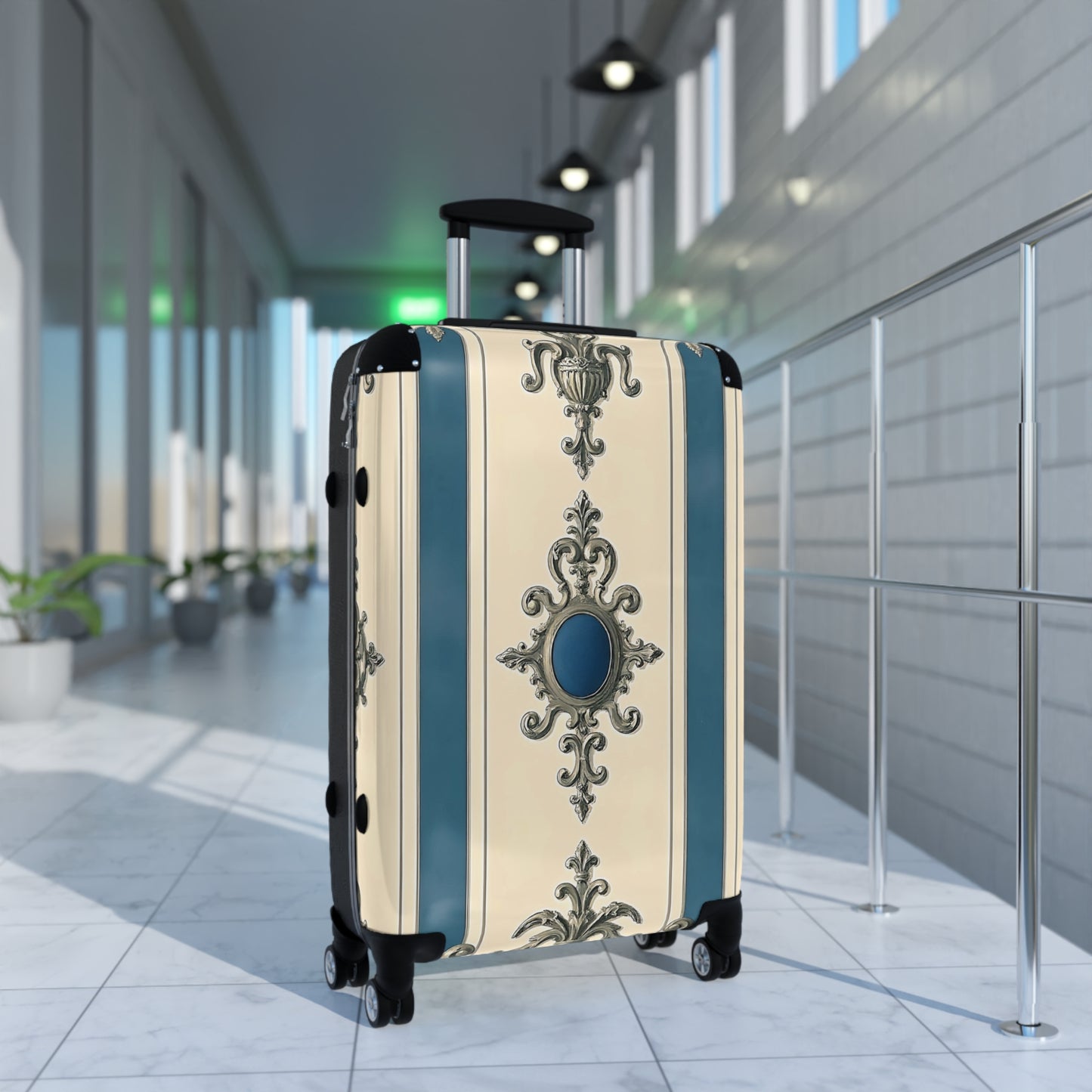 Elegant Vintage Style Suitcase for Travel - Alabaster & Ocean Blue Baroque