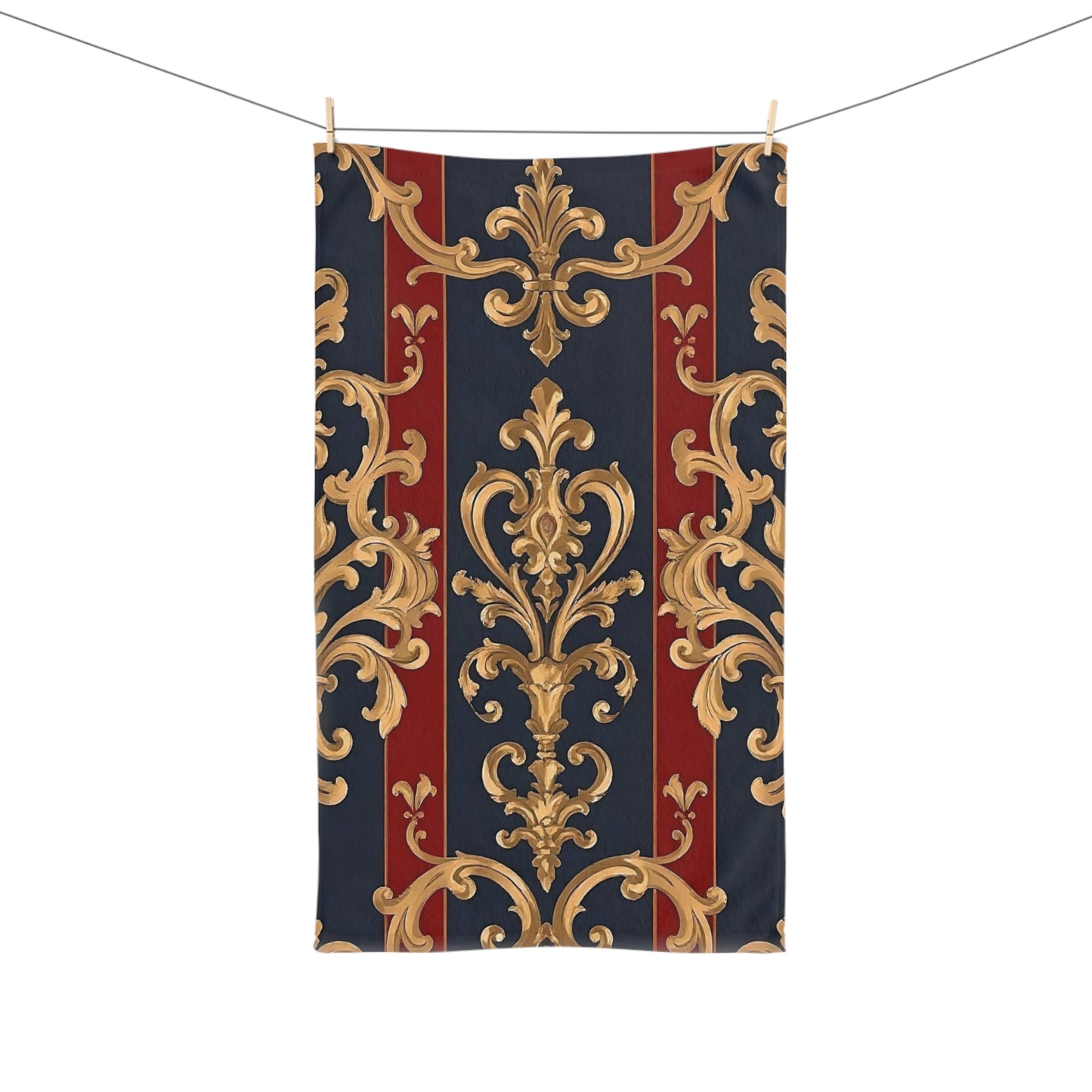 Luxurious Ornate Hand Towel - Elegant Home Décor - Midnight Blue & Dusk Red Damask