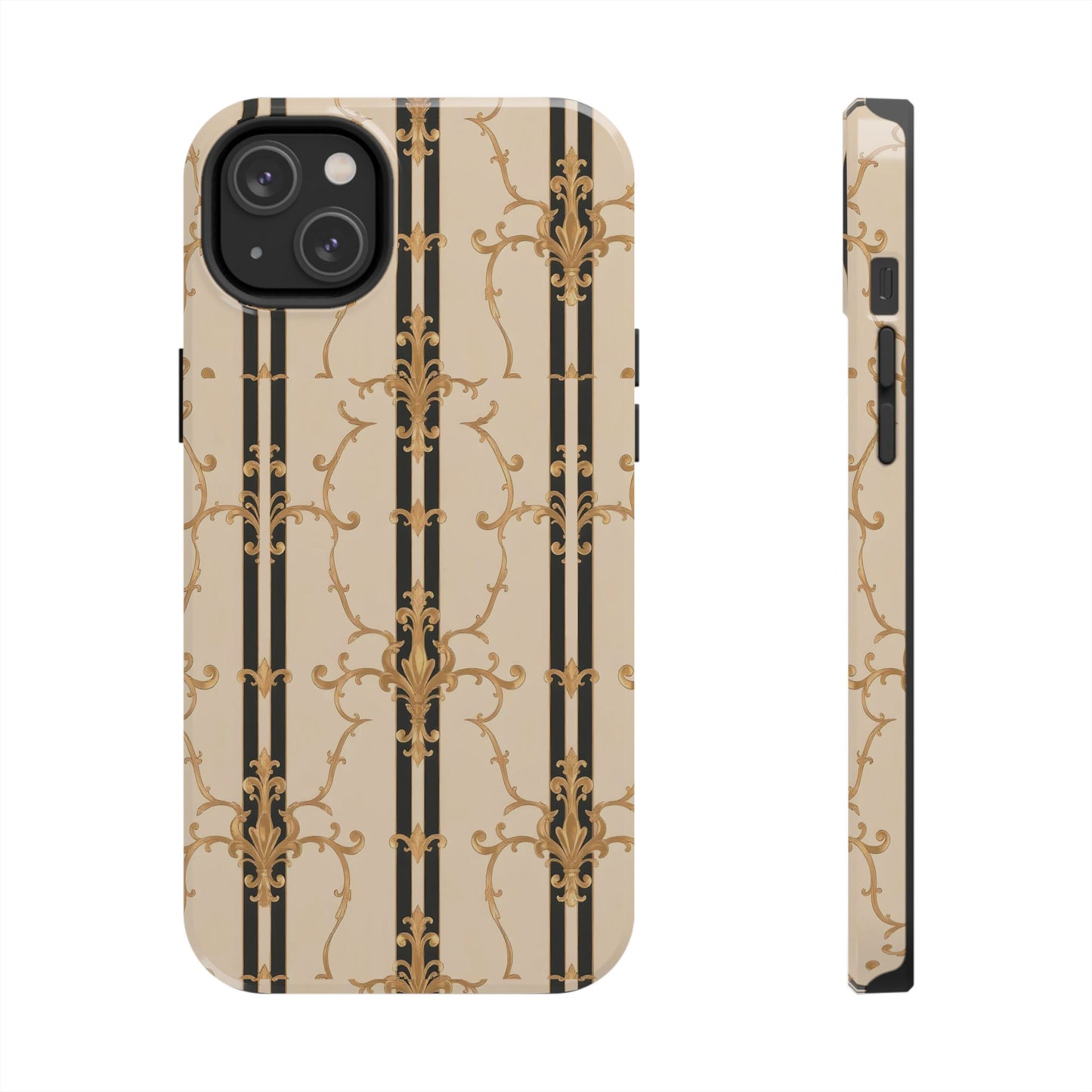 Elegantly Tough Phone Cases | Stylish Phone Covers, Durable Cases, Fashionable Accessories - Black & Beige Striped Damask