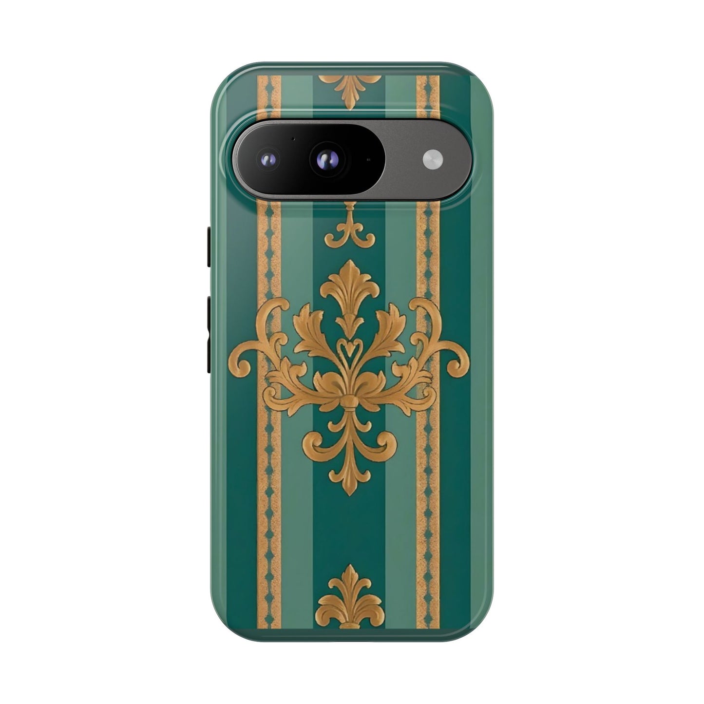 Elegant Floral Motif Phone Case - Tough Cases with Vintage Design - Teal Striped Gold Damask