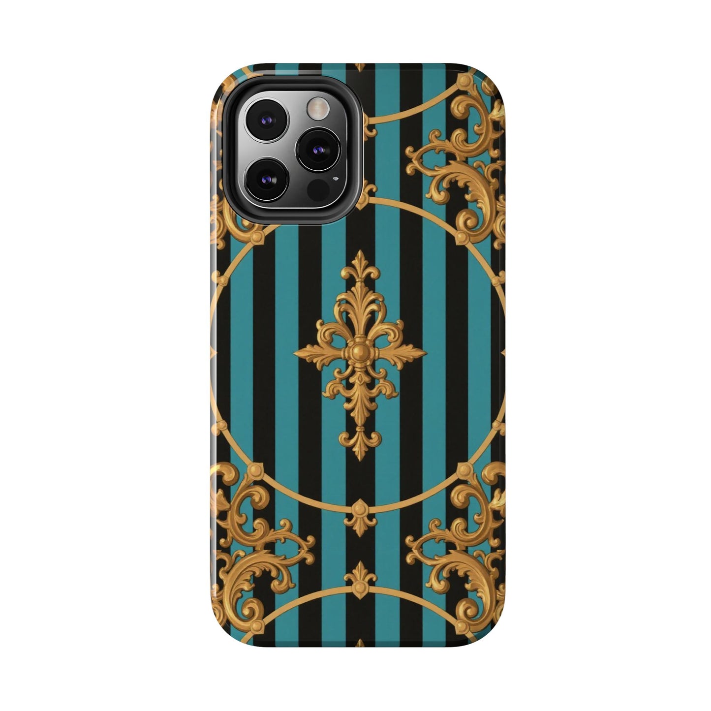 Elegant Turquoise & Black Striped Gold Baroque Phone Case, Tough Phone Cases for Fashion Lovers, Gift for Her, Luxury Accessories