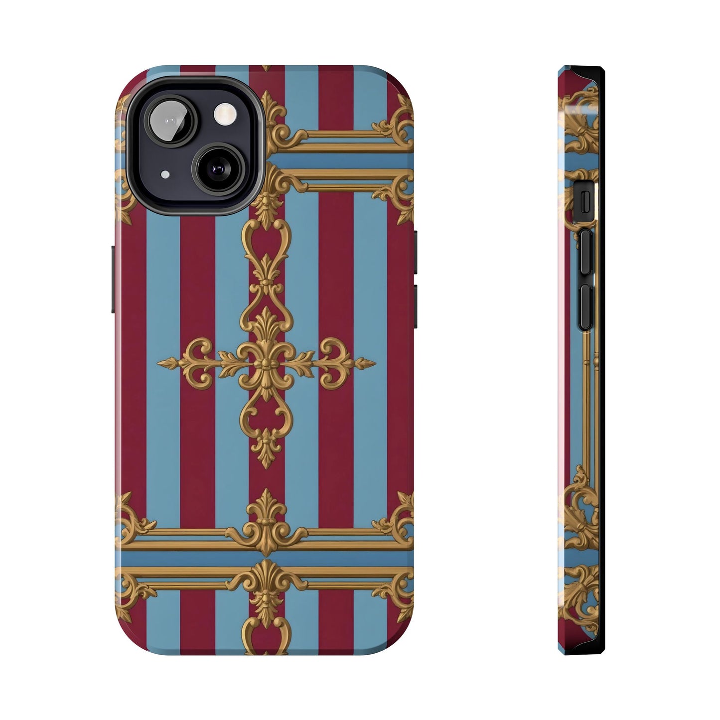 Elegant Patterned Tough Phone Cases, Stylish Phone Cover, Durable Phone Protection, Unique Gift Idea - Sky Blue & Maroon Striped Baroque