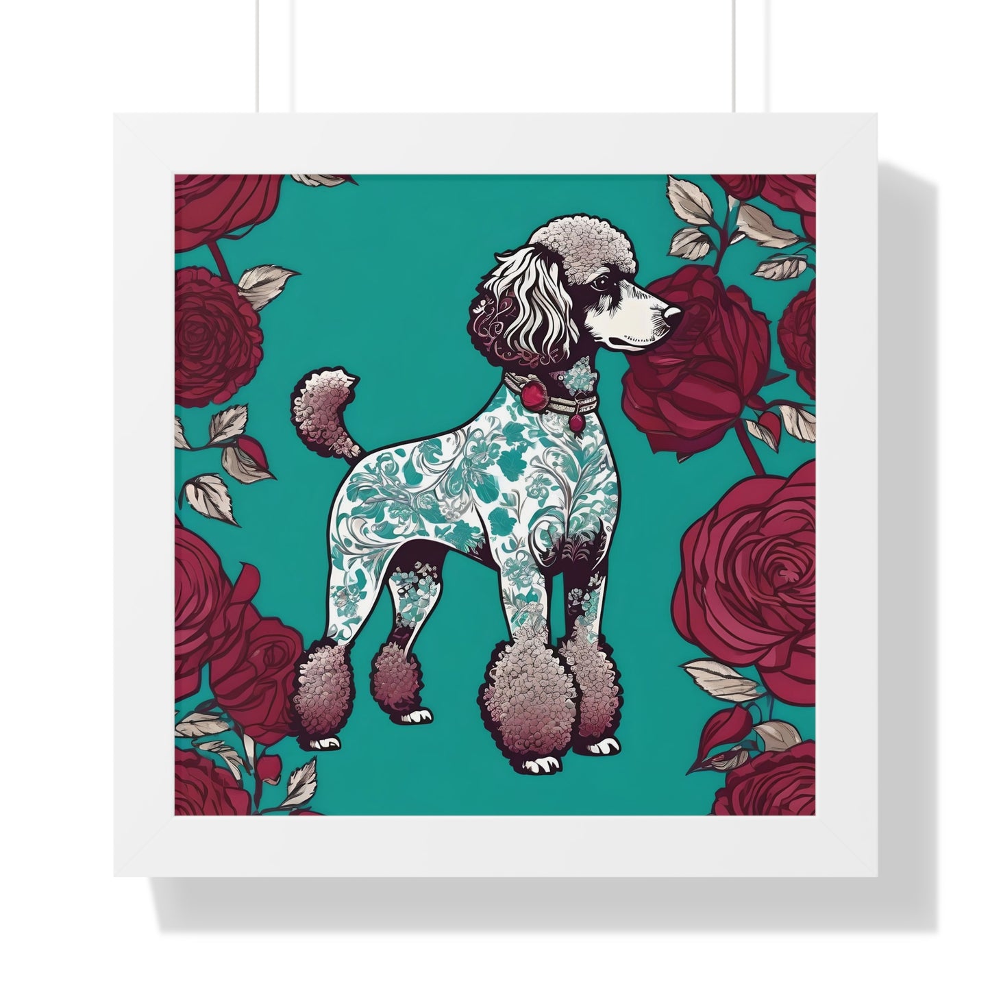 Vertical Poster - Stylish Framed - Art for Home Decor - Damask Aqua & White Poodle With Burgundy Roses