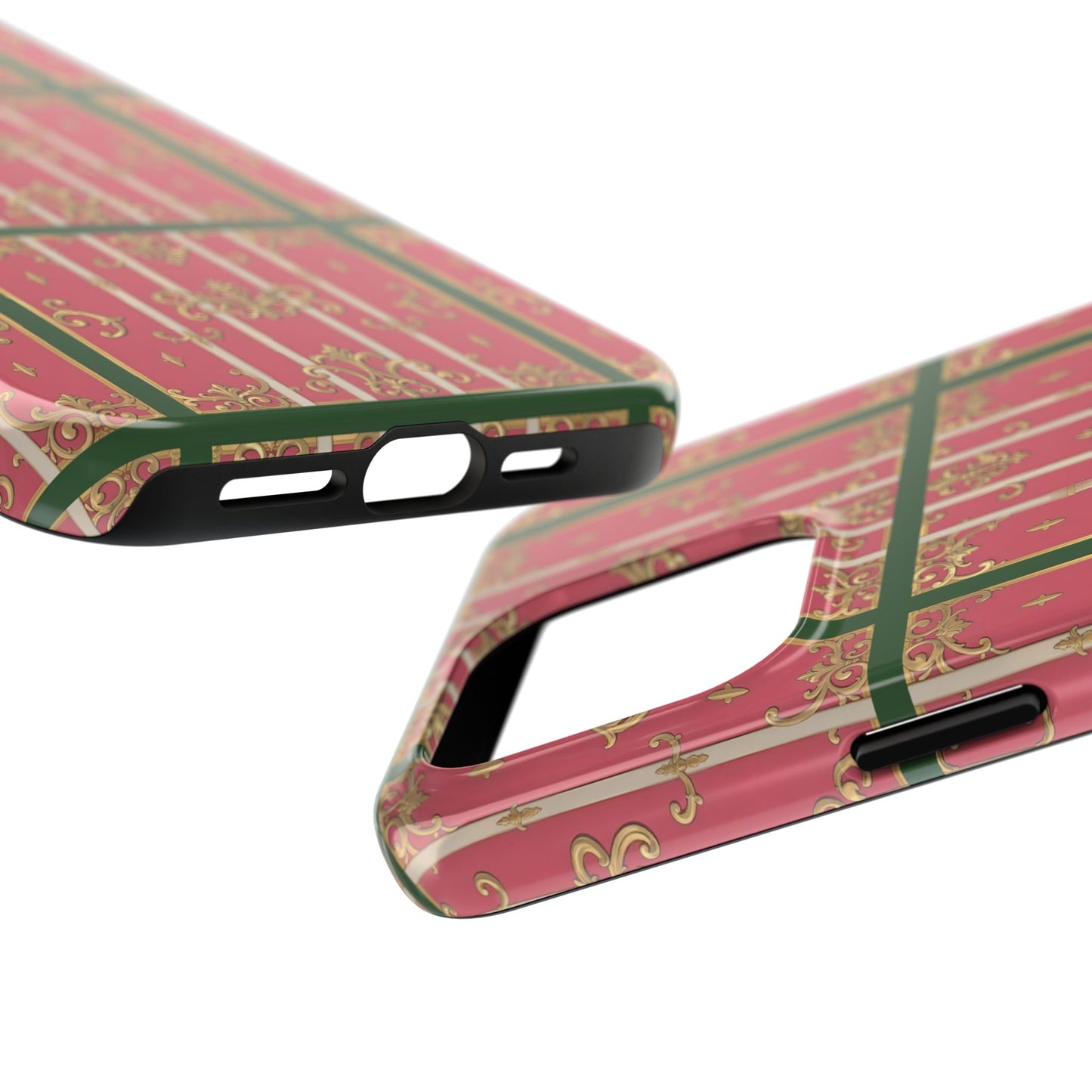 Elegant Green Border Pink Striped Baroque Phone Cases, Tough Phone Cases for Protection, Stylish Mobile Accessories, Gift for Her, Holiday Tech Gifts