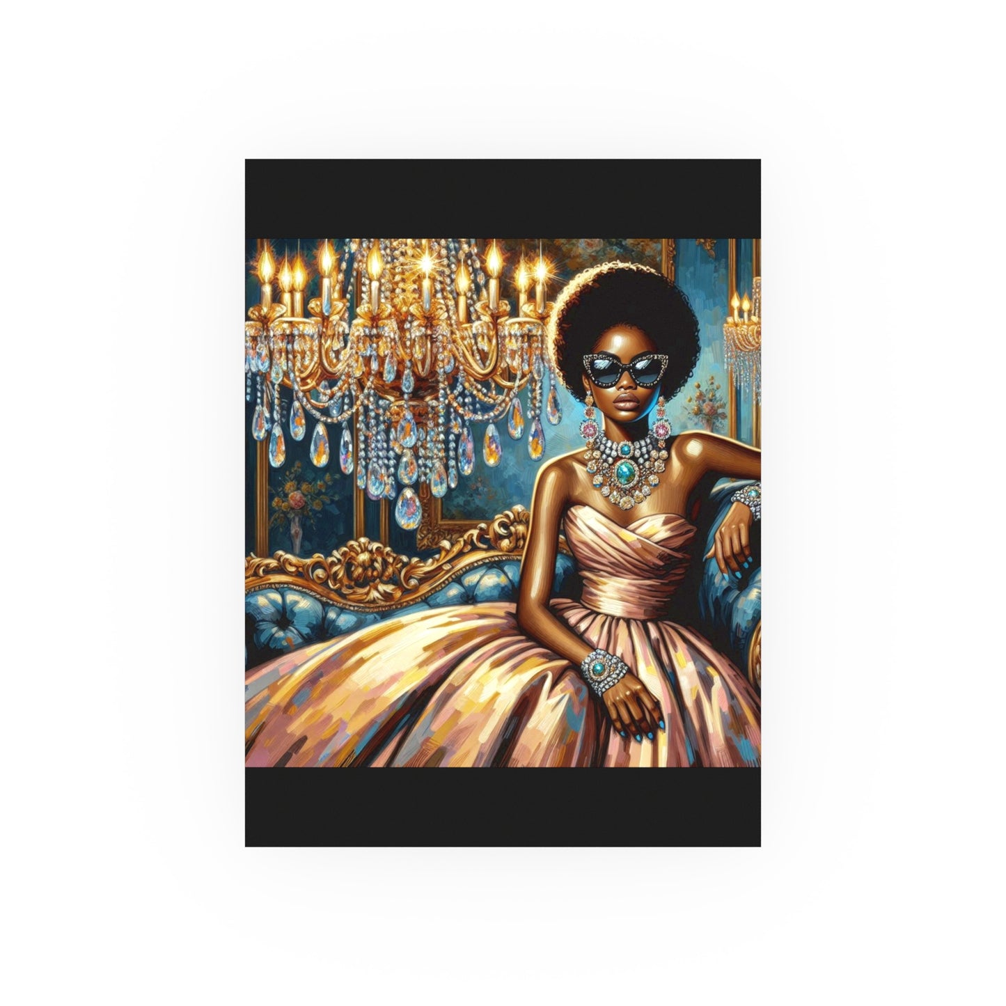 Elegant Glamour Satin Poster, Wall Art Decor, Modern Home Gallery, Gift for Art Lovers, Chic Interior Decoration - Elegant Lady & Chandelier