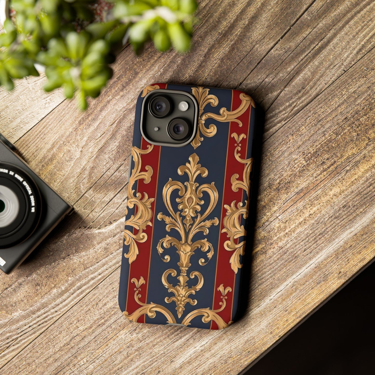Elegant Floral Motif Phone Case - Tough Cases with Vintage Design - Midnight Blue & Dusk Red Striped Gold Damask