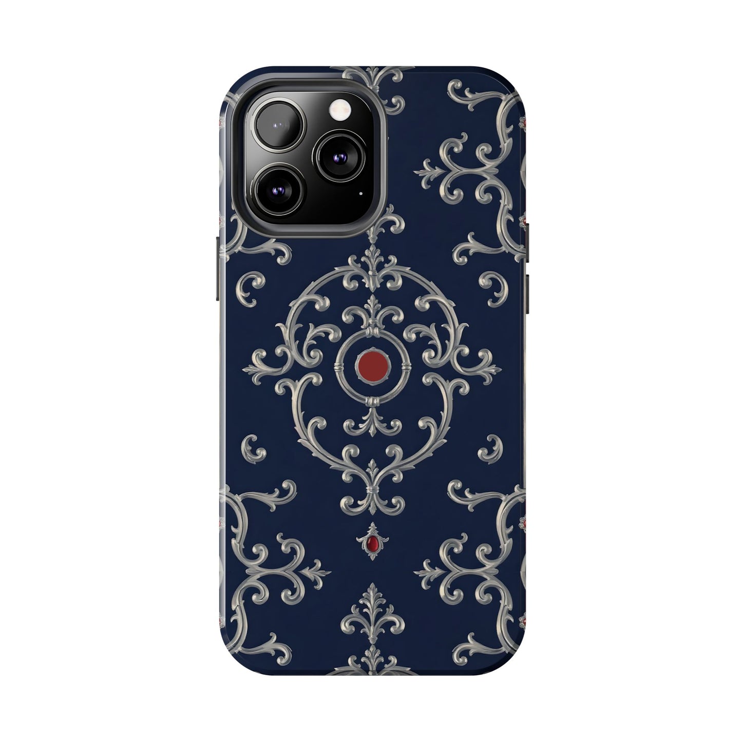 Elegant Patterned Tough Phone Cases for Stylish Protection, Gift for Her, Unique Accessories - Blue & Red Striped Silver Baroque