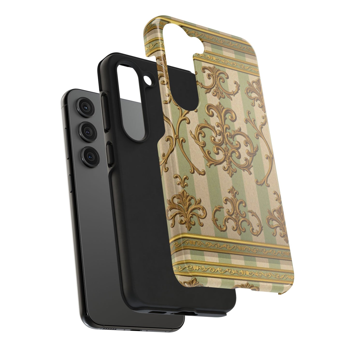 Vintage Elegance Phone Case, Tough Phone Cases for Style, Gift for Birthdays, Stylish Protection - Mint Green & Beige Striped Gold Baroque