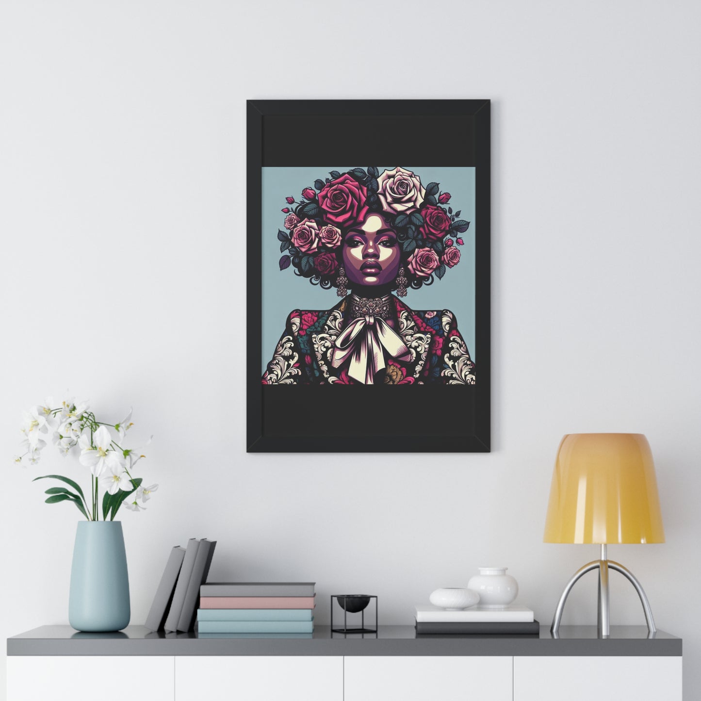 Vertical Poster -  Lady In Damask Suit & Roses Wall Art