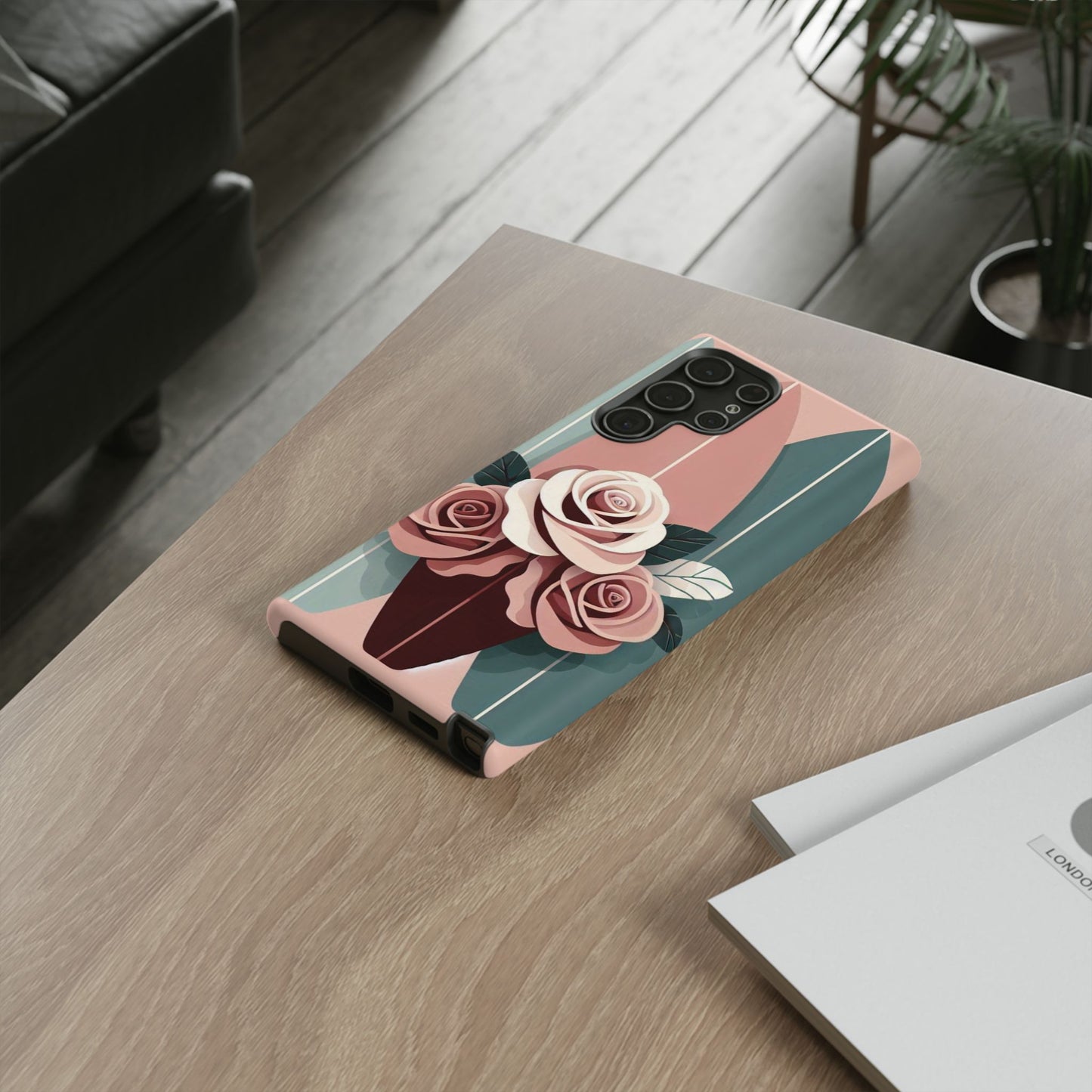Phone Case - Burgundy, Matte Mauve & Teal Surfboard & Roses Design