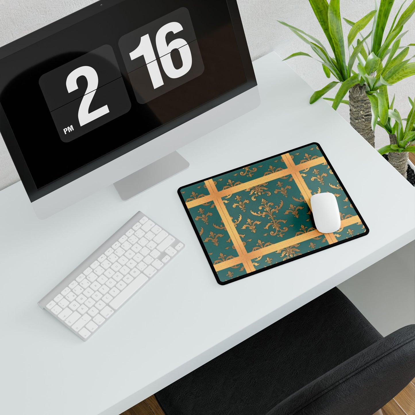 Elegant Floral Desk Mat for Home Office Decor - Aqua & Gold Damask