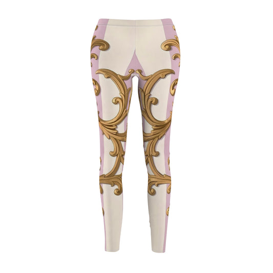 Elegantly Designed Women's Casual Leggings - Perfect for Everyday Style, Workout, or Lounging - Lilac & Alabaster Striped Gold Baroque