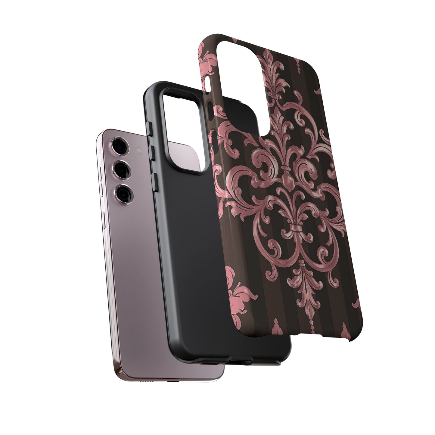 Elegant Floral Motif Phone Case - Tough Cases with Vintage Design - Brown Striped Mauve Damask