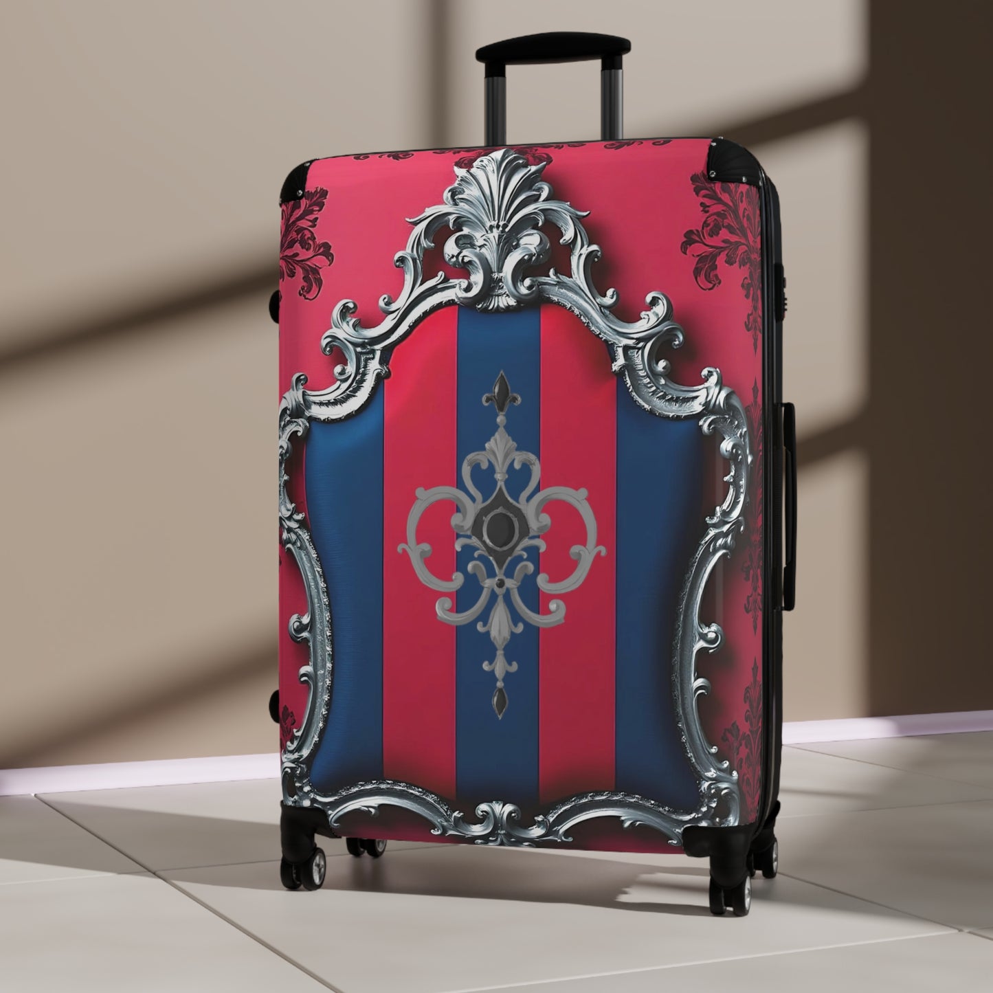 Elegant Travel Suitcase, Lightweight Luggage, Stylish Carry-On, Perfect for Vacation, Unique Gift for Travelers - Blue & Red Striped Silver Crest