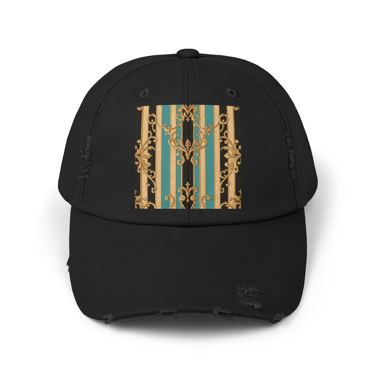 Distressed Black, Tan & Ocean Green Striped Gold Baroque Cap with Elegant Stripe Design | Vintage-Inspired Accessories, Unisex Casual Hat