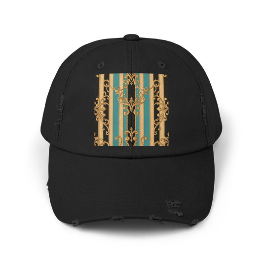 Distressed Black, Tan & Ocean Green Striped Gold Baroque Cap with Elegant Stripe Design | Vintage-Inspired Accessories, Unisex Casual Hat