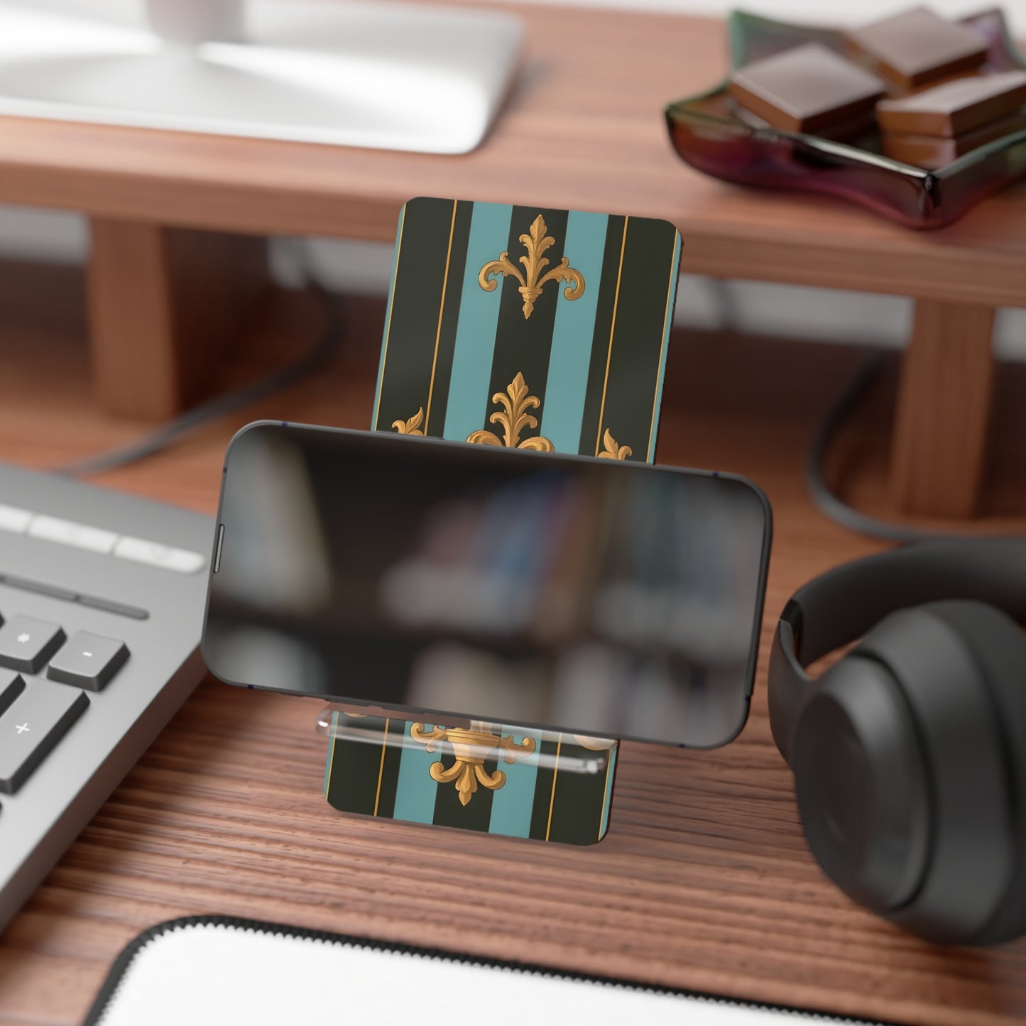 Elegant Smartphone Display Stand, Chic Phone Holder, Stylish Desk Decor, Home Office Accessory - Black & Turquoise Striped Baroque