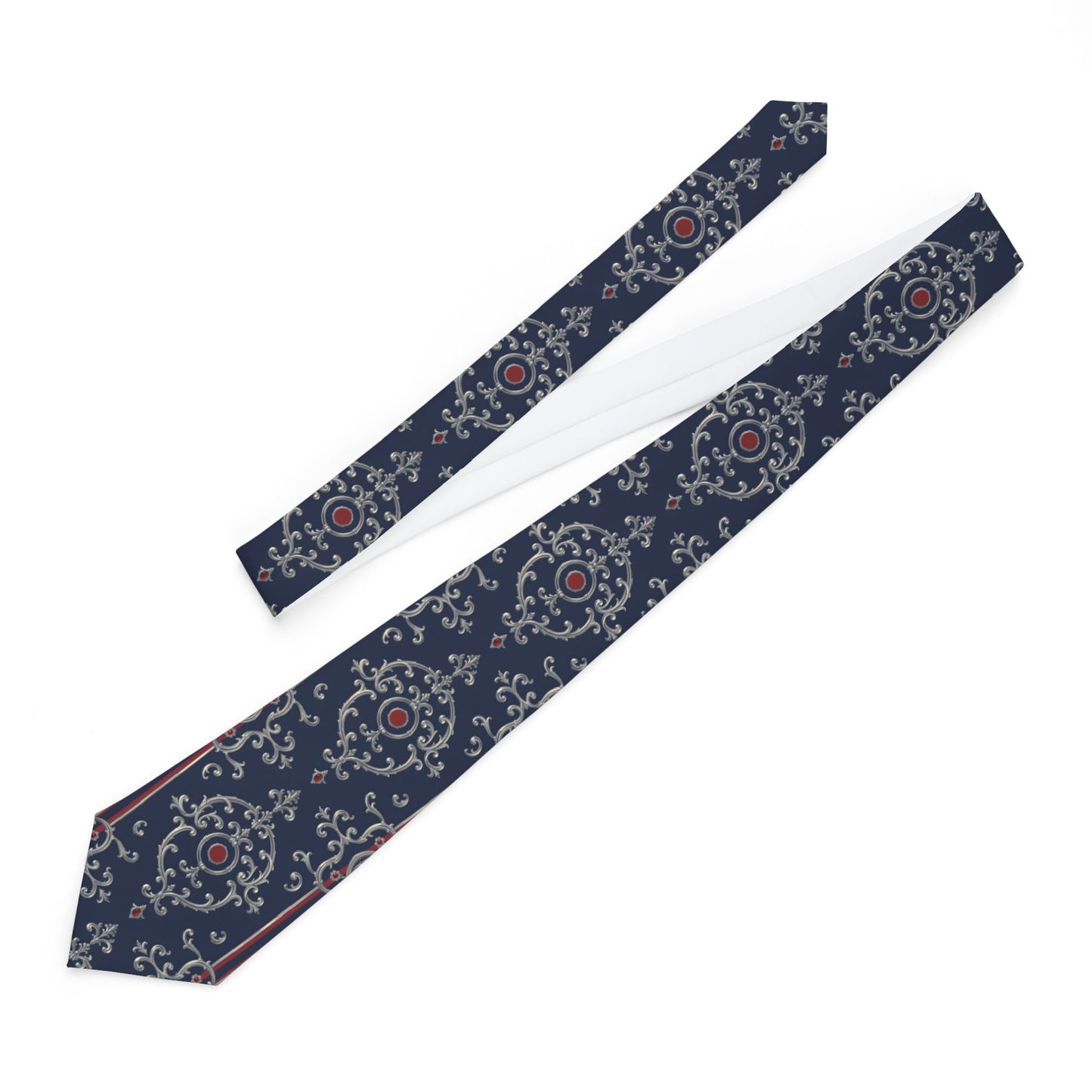 Elegant Floral Necktie - Formal Wear Accessory, Gift for Him, Wedding Tie, Business Attire, Father's Day Gift - Blue & Red Striped Silver Baroque