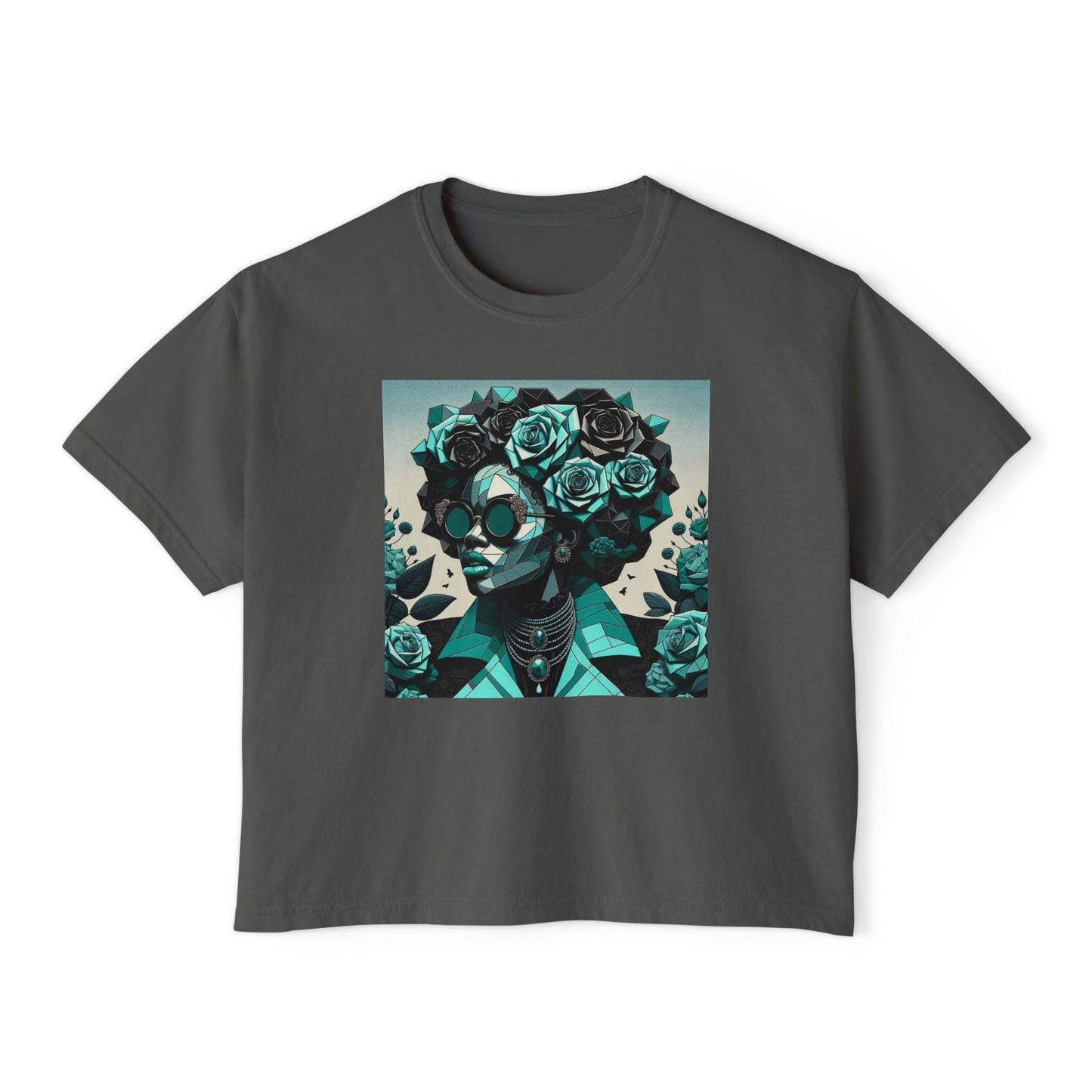 Floral Skull Women's Boxy Tee, Casual Outfit, Graphic Tee, Festival Fashion, Gift for Her - Turquoise & Black Roses Lady