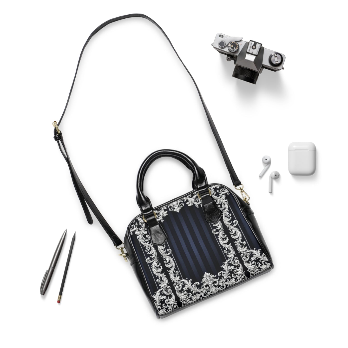 Navy Stripes & Baroque Shoulder Handbag — Elegant Navy & Silver Ornate Purse