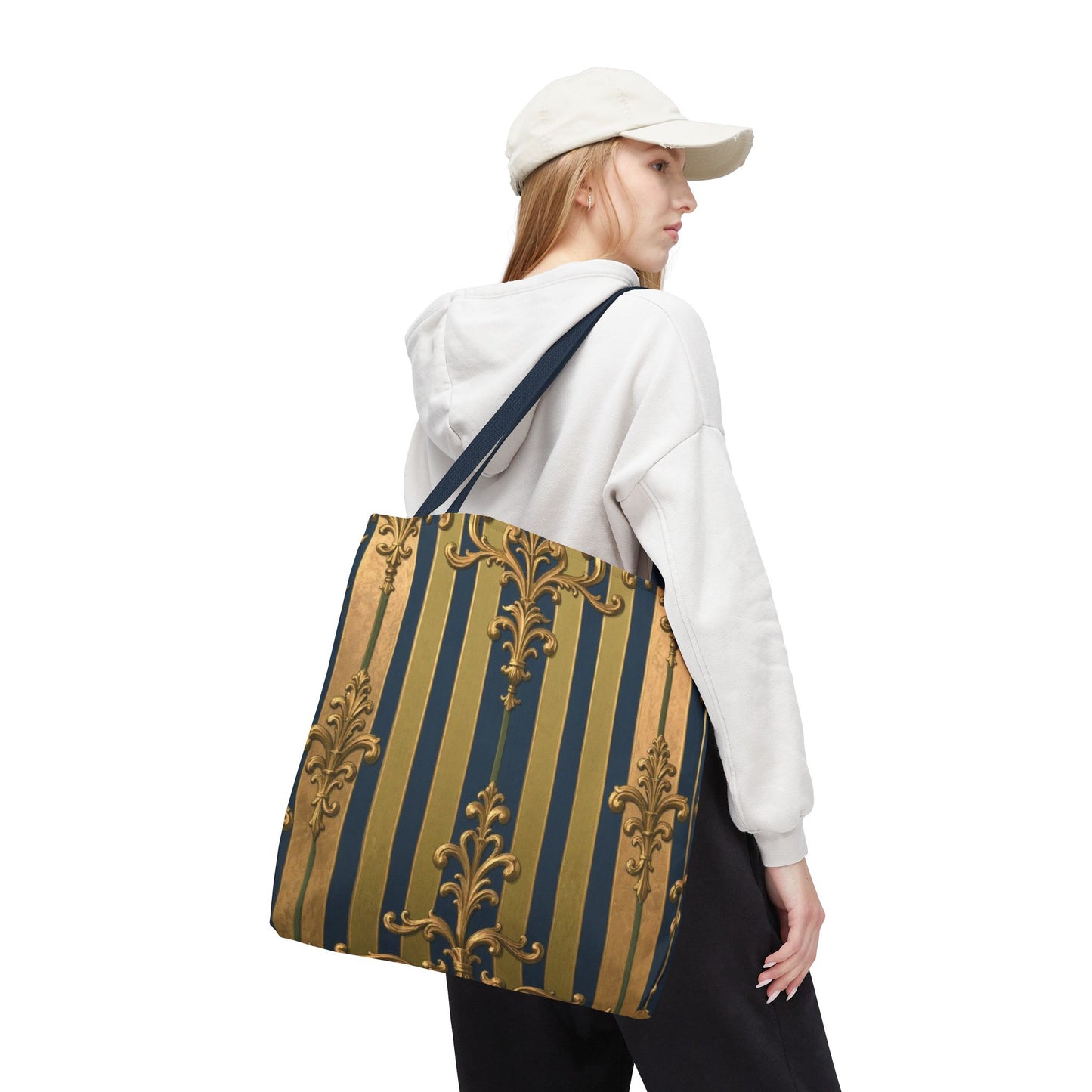 Elegant Midnight Blue & Olive Striped Gold Baroque Golden Striped Tote Bag, Stylish Shopping Bag, Trendy Handbag, Chic Gift for Her