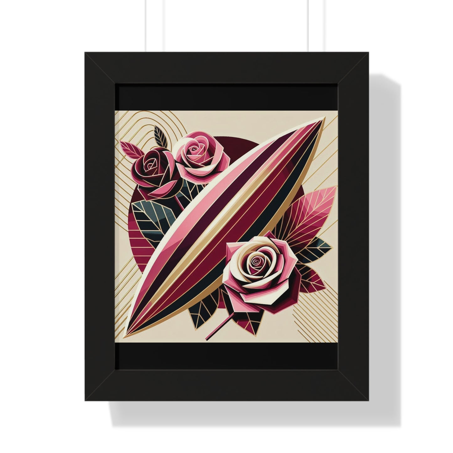 Vertical Poster - Pink & Burgundy Striped Surfboard & Roses Wall Art