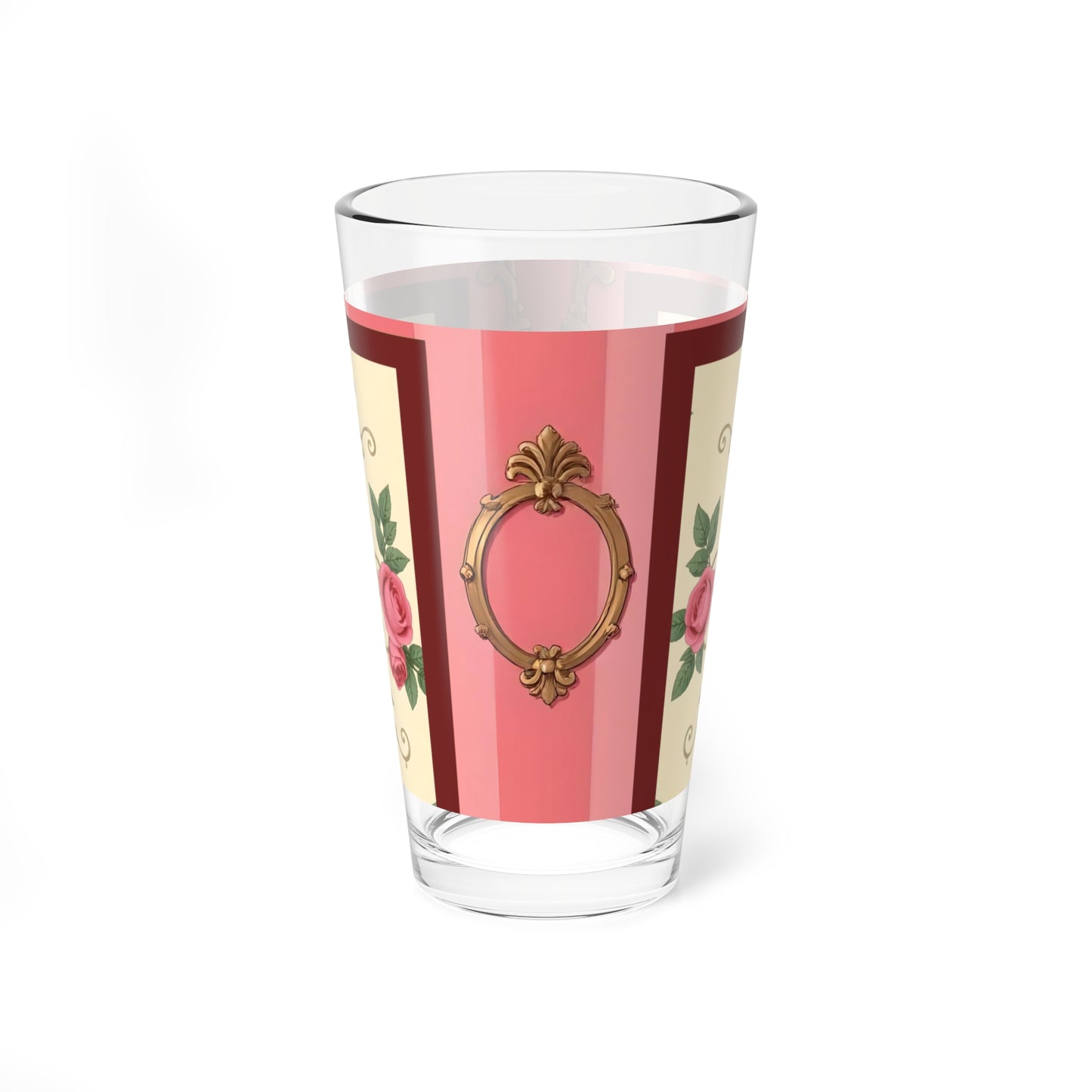 Elegant Floral Mixing Glass - 16oz Cocktail Cup for Home Bar - Pink Striped Baroque & Roses