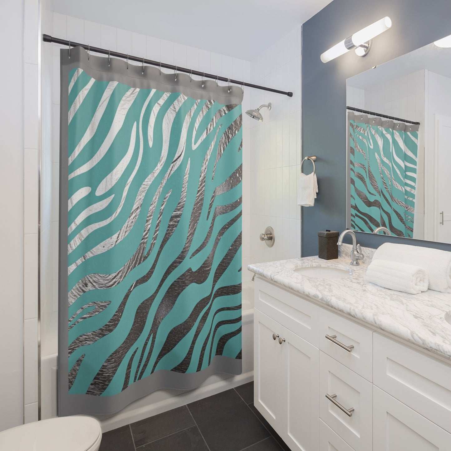 Stylish Aqua Zebra Print Shower Curtain - Modern Bathroom Decor -  Aqua & Silver
