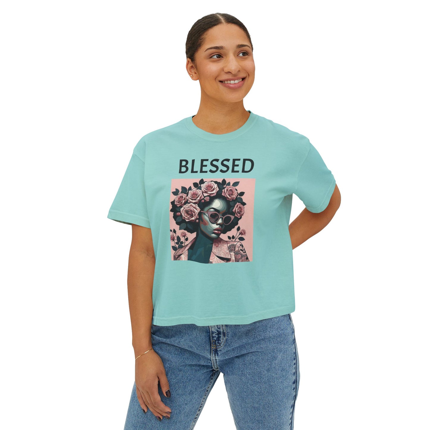 Blessed Women's Boxy Tee, Inspirational Graphic Tee, Positive Affirmation Shirt, Gift for Her, Casual Wear, Self-Love Top - Black Lettering