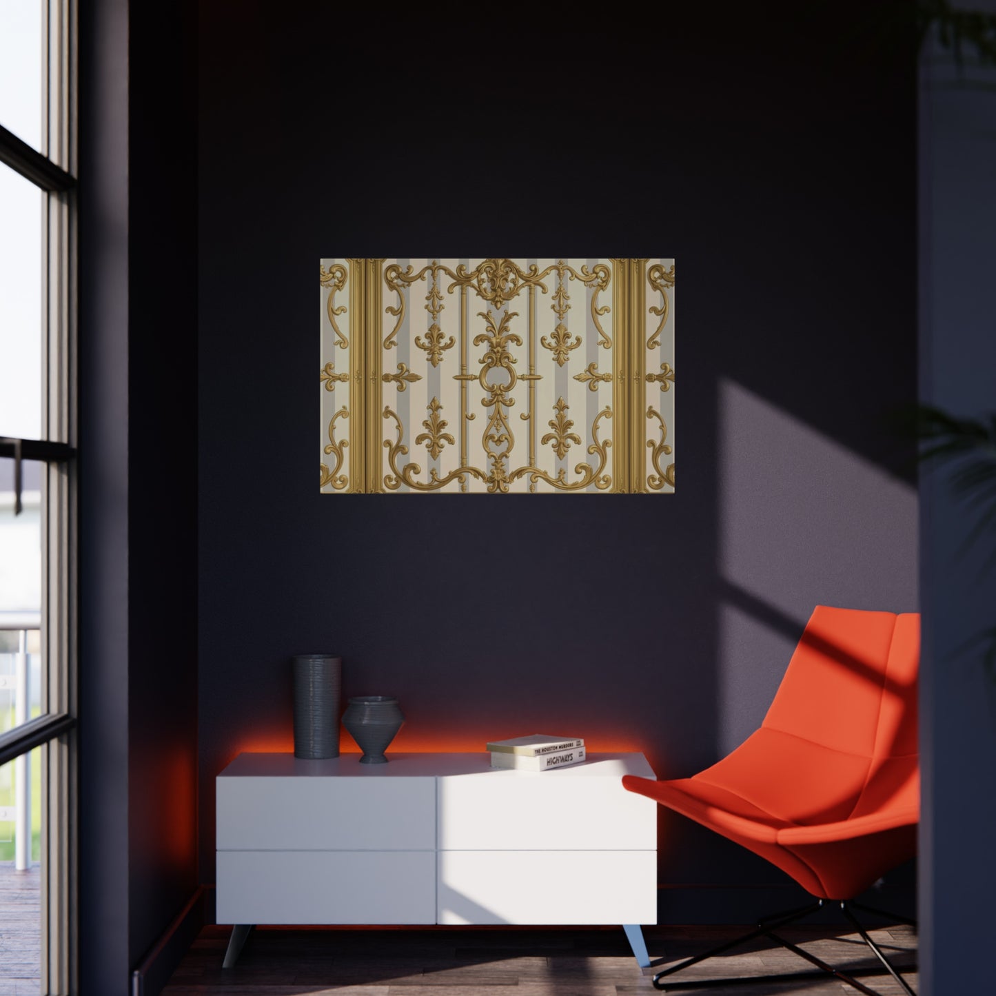 Elegant Ornate Foam Board Art - Luxury Wall Décor, Home Decoration, Versatile Display Board - Matte Gray & Cream Striped Gold Baroque