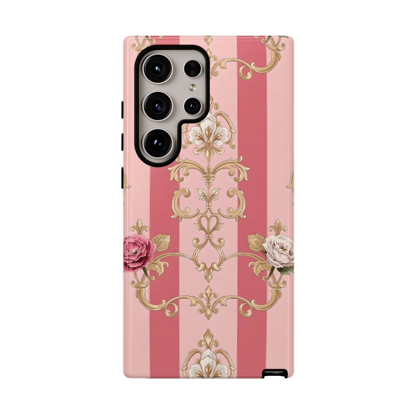 Elegant Floral Motif Phone Case - Tough Cases with Vintage Design - Pink Striped Roses & Damask