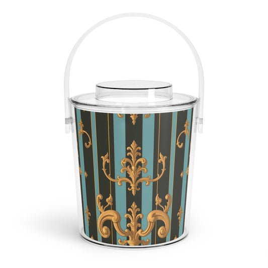 Chic Ice Bucket with Tongs - Elegant Gift for Parties, Home Bar, Weddings, Entertaining, Decorative Cooler - Black & Turquoise Striped Baroque