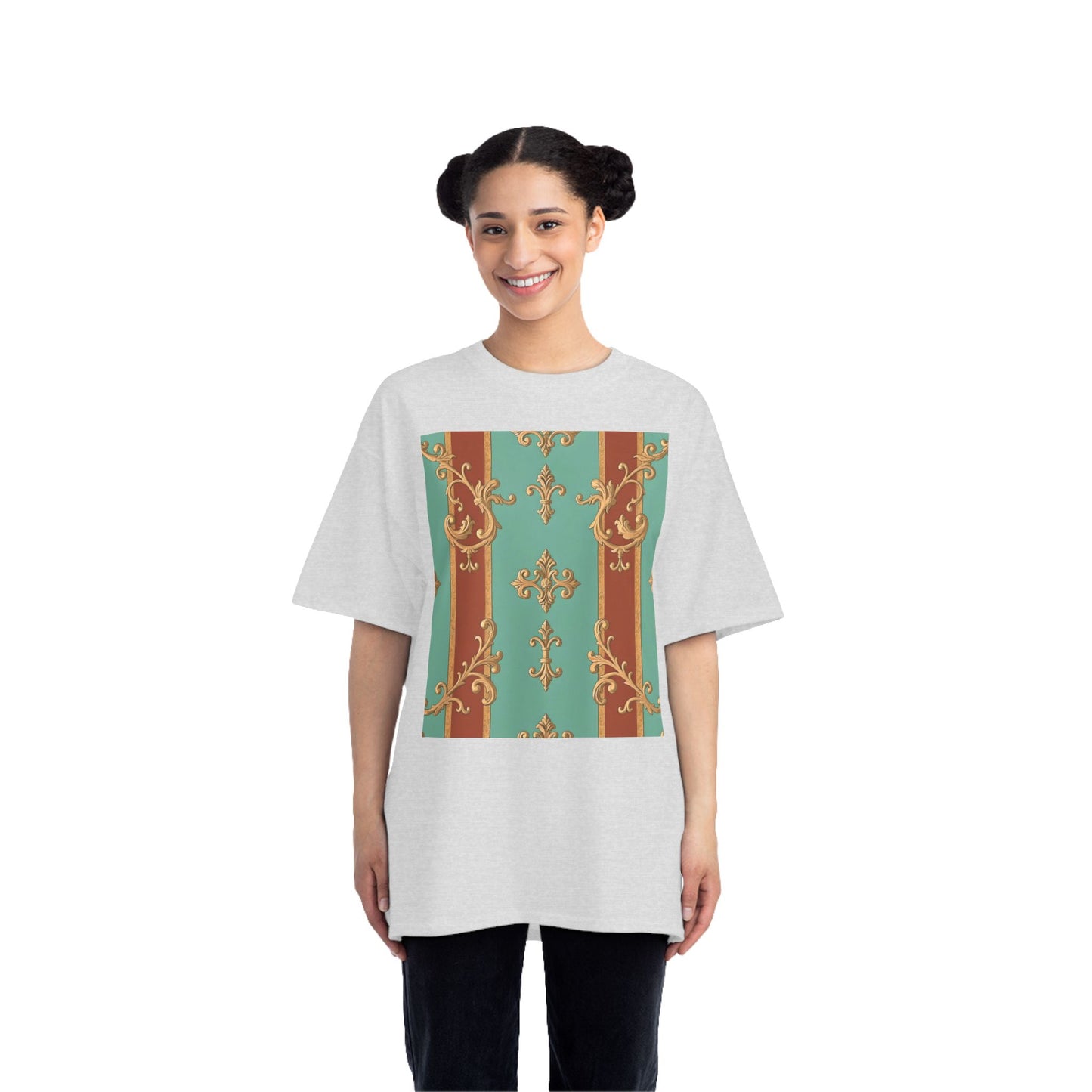 Elegant Vintage Patterned T-Shirt | Vintage Style Tee, Casual Wear, Retro Aesthetic - Rust & Mint Aqua Striped Baroque