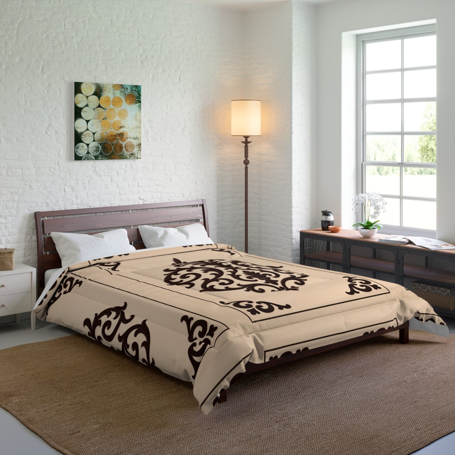 Almond-Beige & Brown Baroque Tile Comforter – Classic Beige & Espresso Decorative Bedding