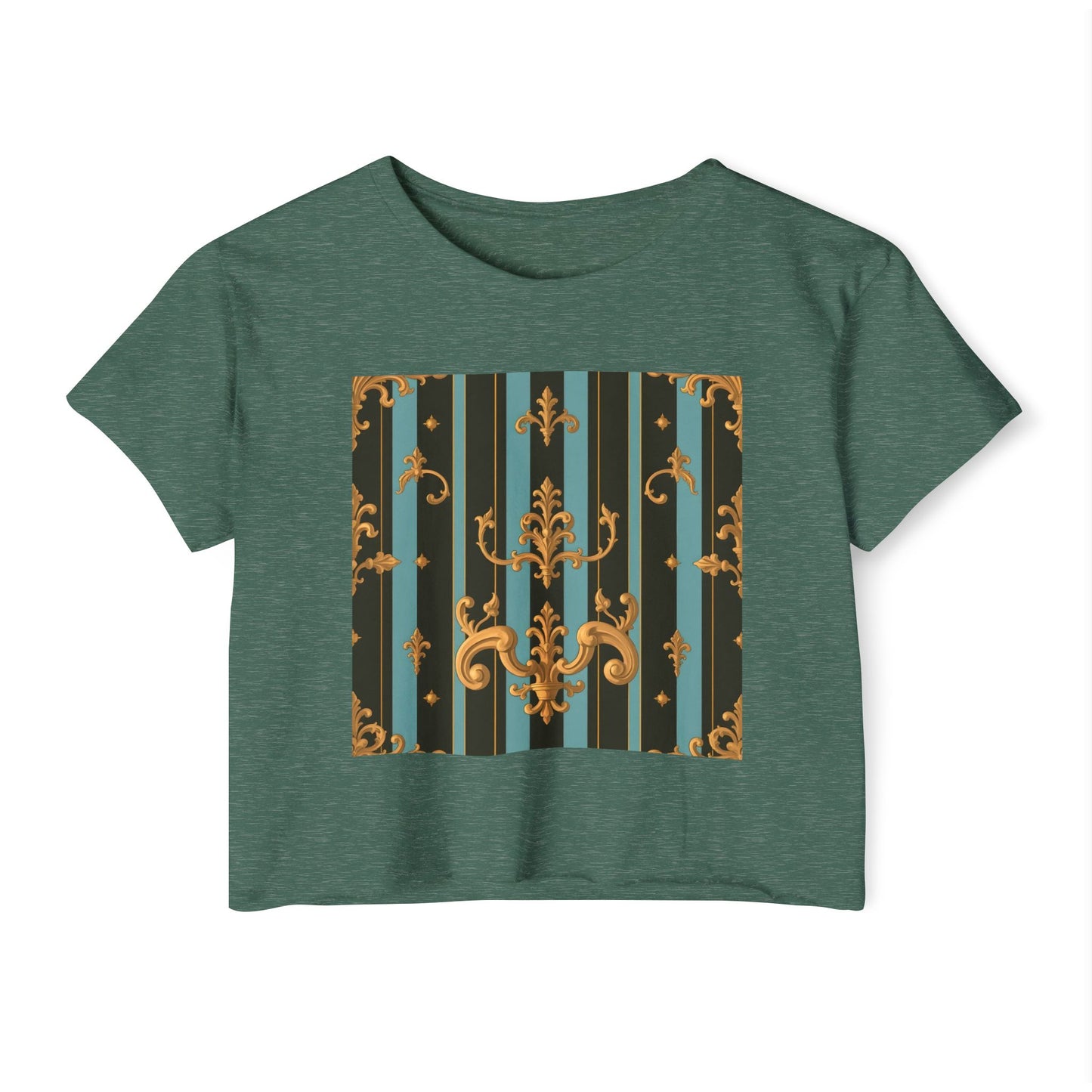 Boho Festival Crop Top, Trendy Summer Top, Stylish Women’s Crop Tee, Perfect for Music Festivals, Casual Wear - Black & Turquoise Striped Baroque