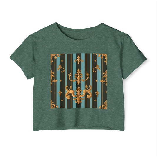 Boho Festival Crop Top, Trendy Summer Top, Stylish Women’s Crop Tee, Perfect for Music Festivals, Casual Wear - Black & Turquoise Striped Baroque